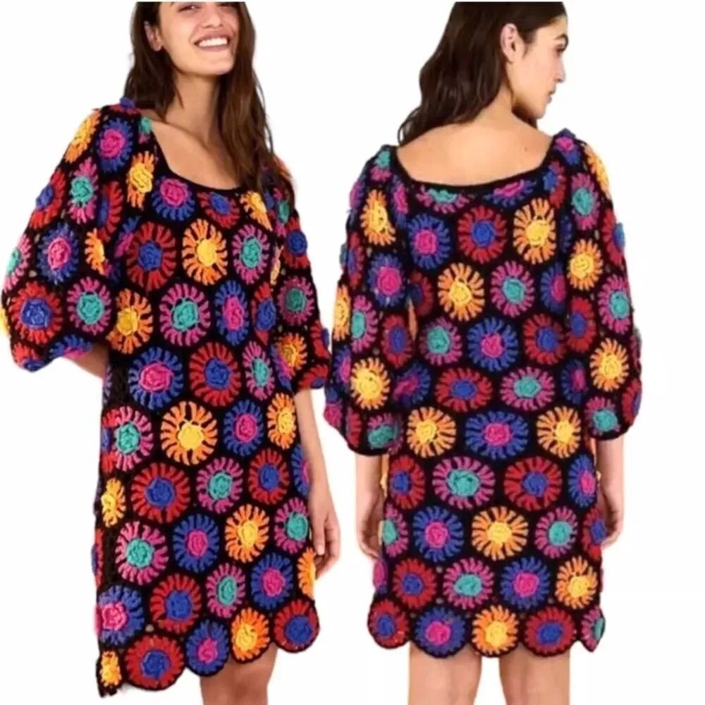 Farm Rio Crochet Knit Mini Dress Multicolor Floral Boho Festival Cotton S